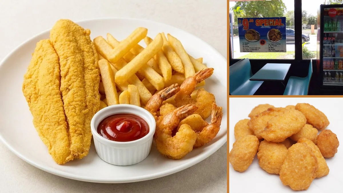 Golden wings beside fries in takeout trays.