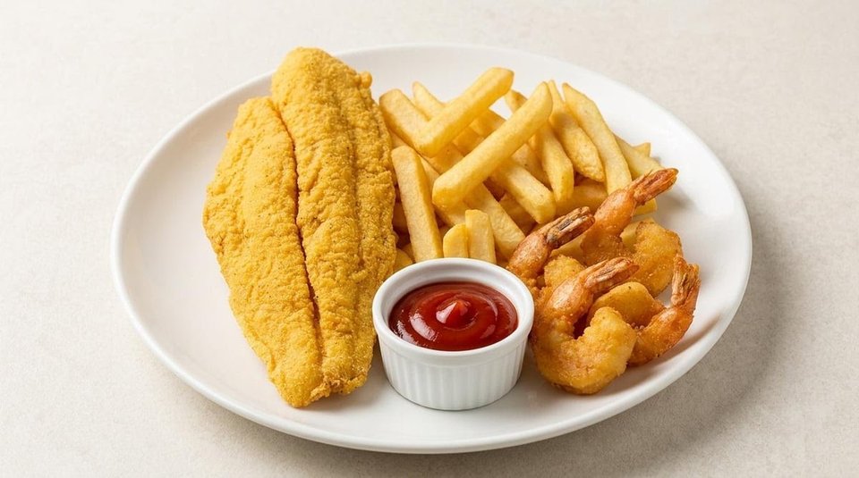 Fried chicken and seafood plates on a counter.