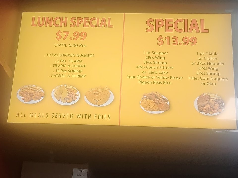 Printed menu with chicken, fish, and side orders.