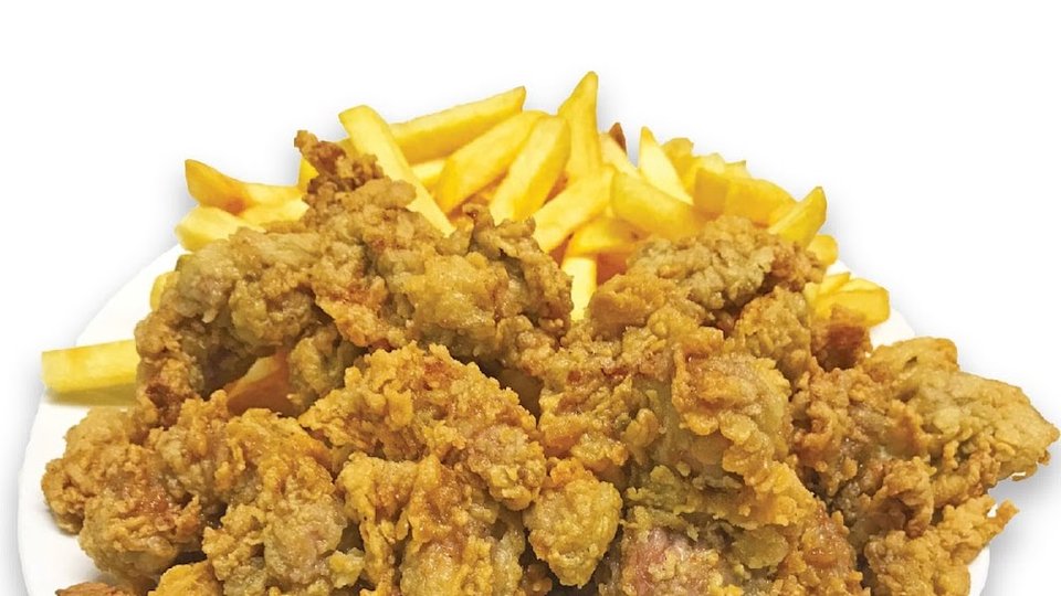 Printed menu with chicken, fish, and side orders.